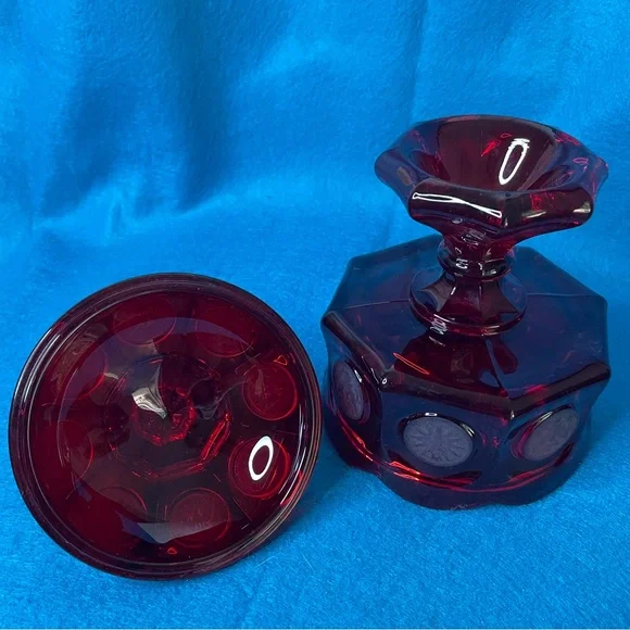 Vintage Fostoria Ruby Red Glass Coin Covered Wedding Bowl/Candy Dish w/Lid. - Picture 12 of 13